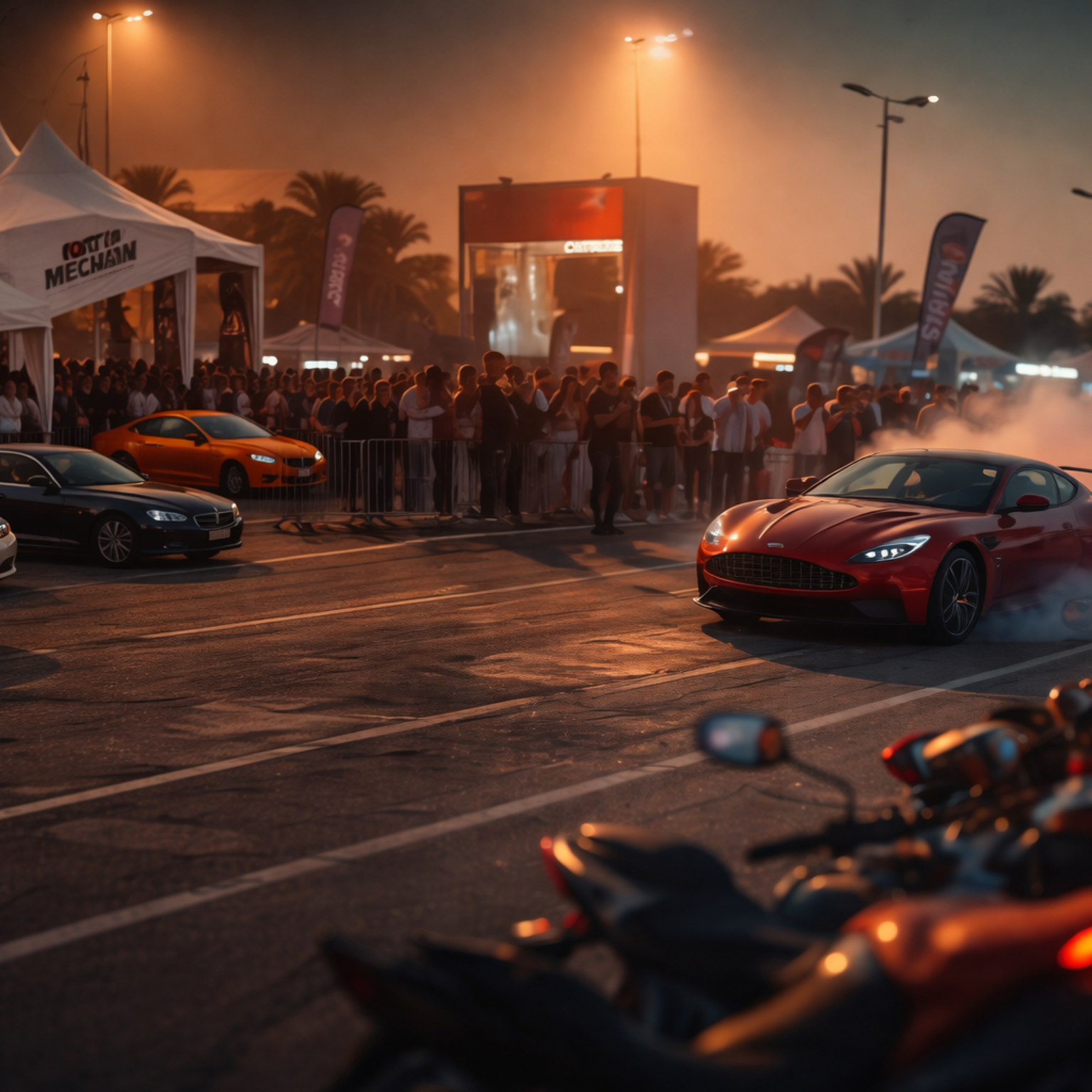 Middle East Car and Bike Week automotive festival at Dubai Studio City featuring luxury supercar drifting and enthusiast crowds.